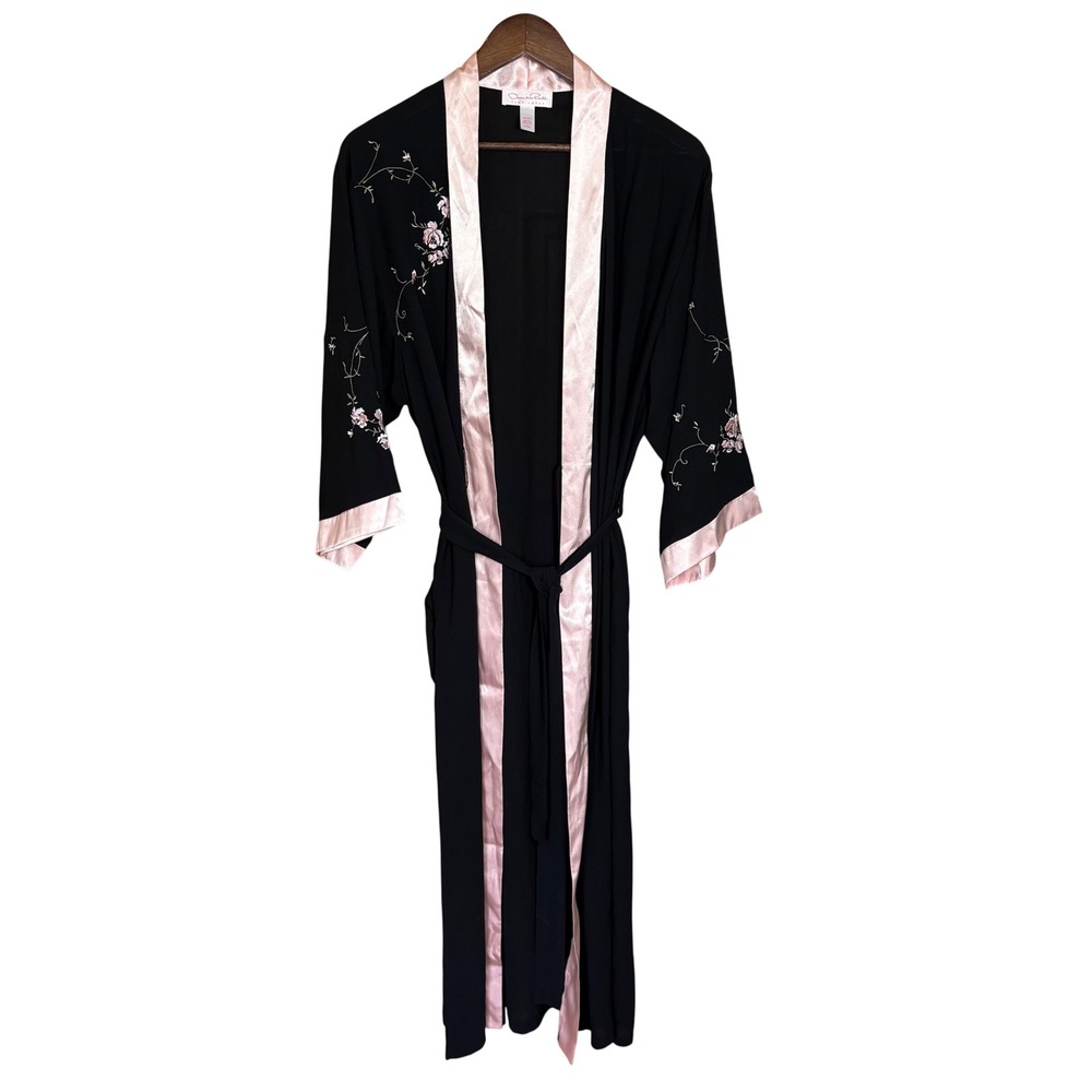 Oscar de la Renta Pink Label Black Floral Embroidered Satin Trim Long Robe L/XL